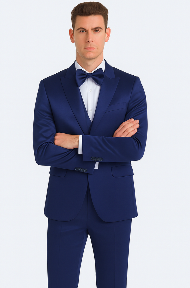 Tazzio Men's Blue Satin Double Breasted 3-Piece Skinny Fit Suit with Peak Lapel Vest & Matching Bowtie – Formal Tuxedo Style