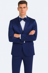 Tazzio Men's Blue Satin Double Breasted 3-Piece Skinny Fit Suit with Peak Lapel Vest & Matching Bowtie – Formal Tuxedo Style