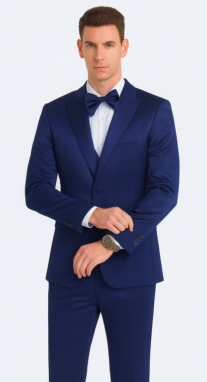 Tazzio Men's Blue Satin Double Breasted 3-Piece Skinny Fit Suit with Peak Lapel Vest & Matching Bowtie – Formal Tuxedo Style