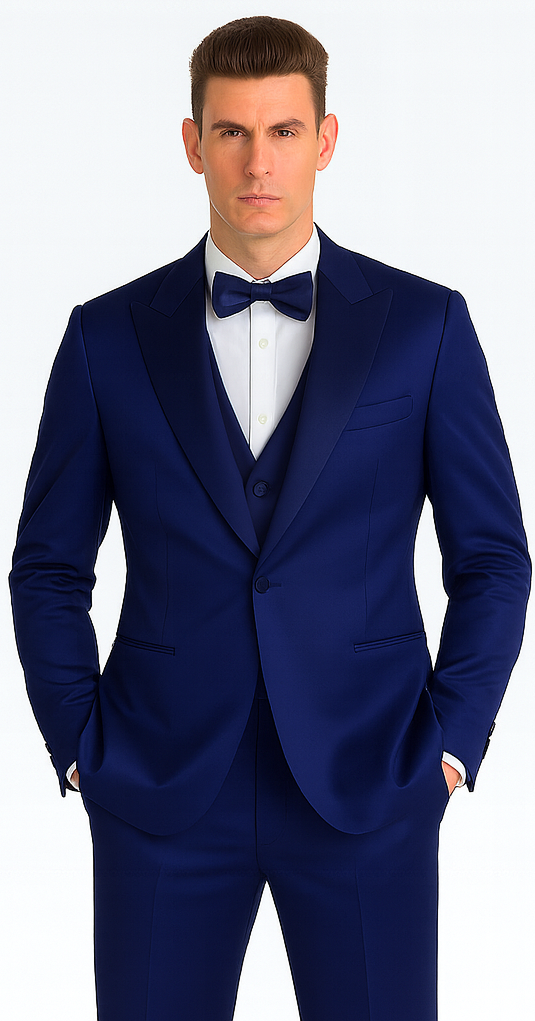 Tazzio Men's Blue Satin Double Breasted 3-Piece Skinny Fit Suit with Peak Lapel Vest & Matching Bowtie – Formal Tuxedo Style