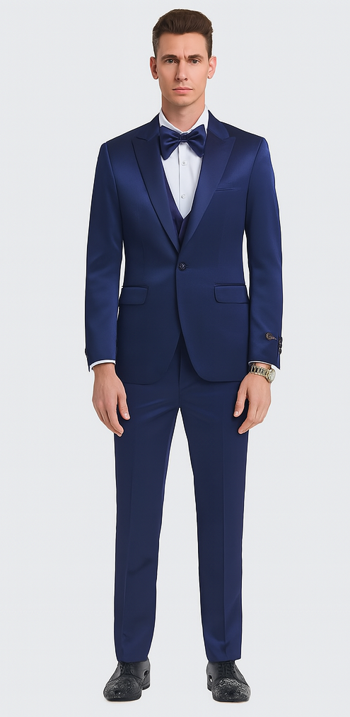 Tazzio Men's Blue Satin Double Breasted 3-Piece Skinny Fit Suit with Peak Lapel Vest & Matching Bowtie – Formal Tuxedo Style