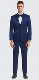 Tazzio Men's Blue Satin Double Breasted 3-Piece Skinny Fit Suit with Peak Lapel Vest & Matching Bowtie – Formal Tuxedo Style