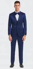 Tazzio Men's Blue Satin Double Breasted 3-Piece Skinny Fit Suit with Peak Lapel Vest & Matching Bowtie – Formal Tuxedo Style