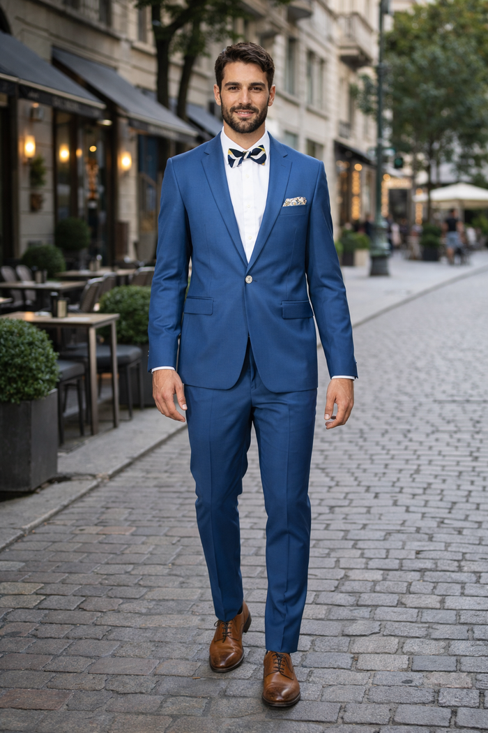 Blue Slim Fit Men’s Suit by Rossiman Rossi – Skinny Style with 1-Button Jacket
