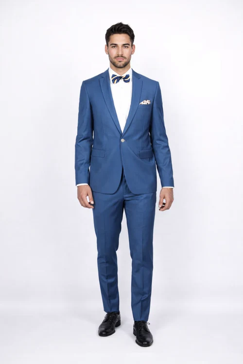 Men Slim Fit Suits - Fitted Suits - Skinny Suit Men's Blue 1 Button Closure Rossiman Rossi Skinny Suit