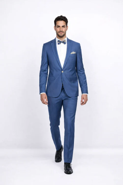 Men Slim Fit Suits - Fitted Suits - Skinny Suit Men's Blue 1 Button Closure Rossiman Rossi Skinny Suit