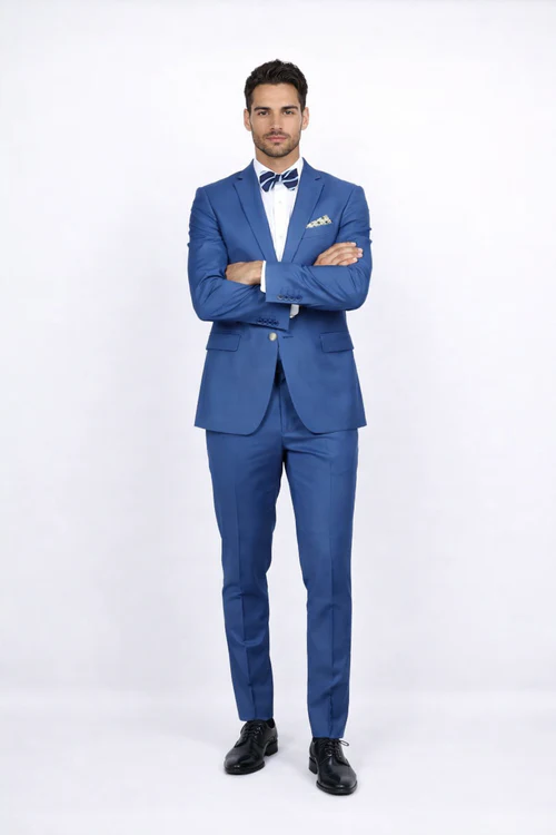 Men Slim Fit Suits - Fitted Suits - Skinny Suit Men's Blue 1 Button Closure Rossiman Rossi Skinny Suit