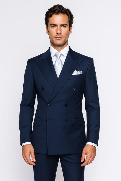 Suits With Baggy Pleated Pants - Wide Leg Pants 100% Wool - Classic Fit in Navy Color by Rossiman 1   - from alligatorwarehouse.com