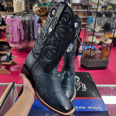 Blue Ostrich Belly Ranch Toe Western Boots 2   - from alligatorwarehouse.com