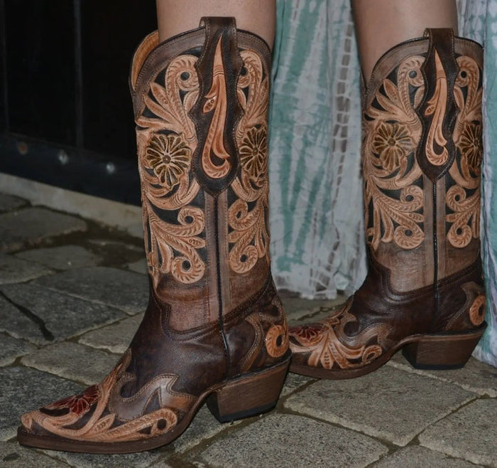 Botas Altas de Cuero Cincelado Original para Mujer Horma Punta Recortada