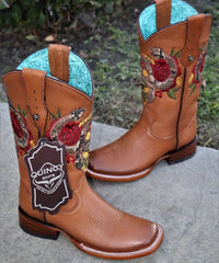 Botas Altas de Cuero con Flores para Mujer en Horma Rodeo