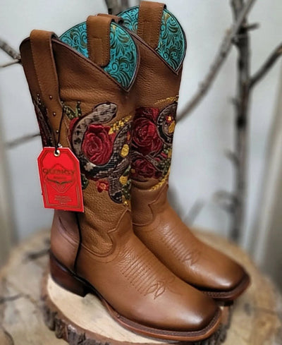 Botas Altas de Cuero con Flores para Mujer en Horma Rodeo 3   - from alligatorwarehouse.com
