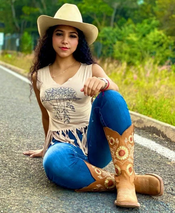 Botas de Cuero con Girasoles para Mujer en Horma Rodeo