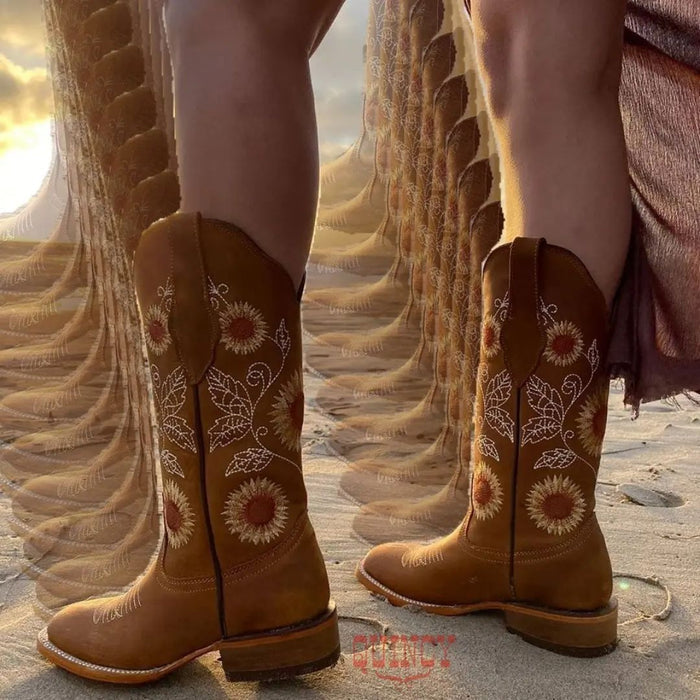 Botas de Cuero con Girasoles para Mujer en Horma Rodeo