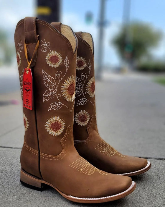 Botas de Cuero con Girasoles para Mujer en Horma Rodeo