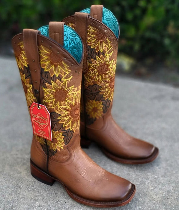 Botas de Cuero con Girasoles para Mujer en Horma Rodeo