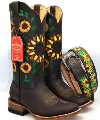 Botas Vaqueras de Cuero con Girasoles para Mujer en Horma Rodeo 4   - from alligatorwarehouse.com