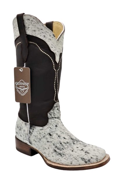 Women’s White and Brown Cowhide Leather Rodeo Boots, Western Pull On Cowboy Boots