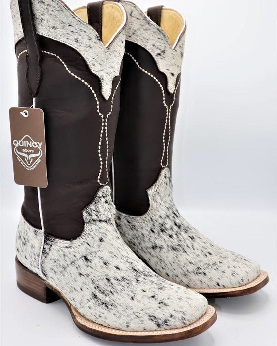 Women’s White and Brown Cowhide Leather Rodeo Boots, Western Pull On Cowboy Boots