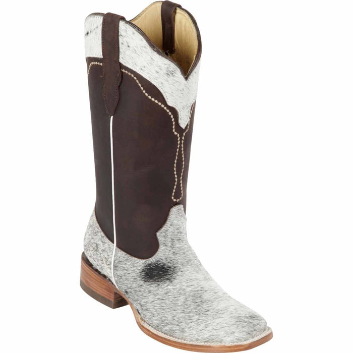 Women’s White and Brown Cowhide Leather Rodeo Boots, Western Pull On Cowboy Boots