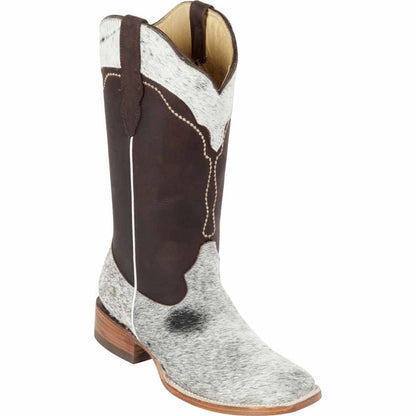 Women’s White and Brown Cowhide Leather Rodeo Boots, Western Pull On Cowboy Boots