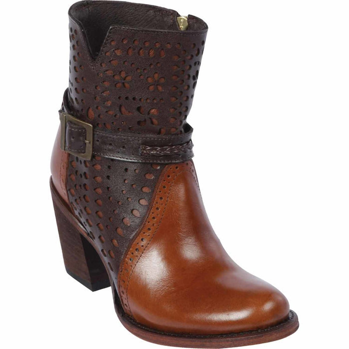 Women’s Brown Leather Short Boots with Oval Toe, Buckle Strap Fashion Ankle Boots