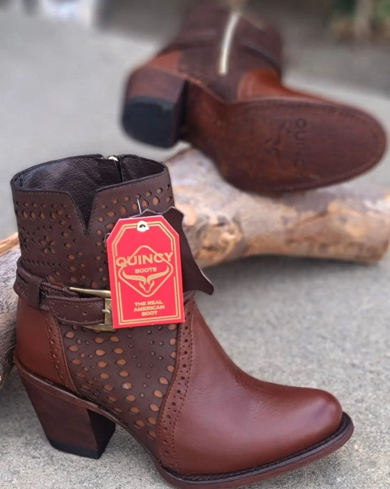 Women’s Brown Leather Short Boots with Oval Toe, Buckle Strap Fashion Ankle Boots