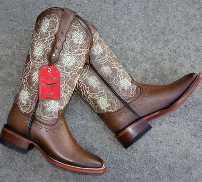 Botas de Cuero con Flores para Mujer en Horma Rodeo 7   - from alligatorwarehouse.com