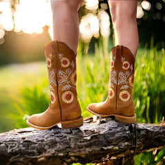Botas de Cuero con Girasoles para Mujer en Horma Rodeo