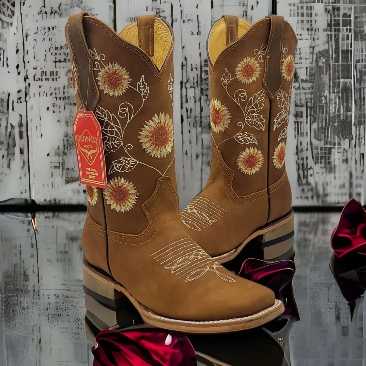 Botas de Cuero con Girasoles para Mujer en Horma Rodeo Q322G6231