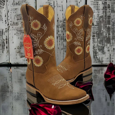 Botas de Cuero con Girasoles para Mujer en Horma Rodeo 8   - from alligatorwarehouse.com