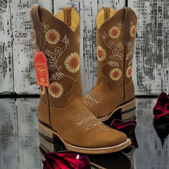 Botas de Cuero con Girasoles para Mujer en Horma Rodeo