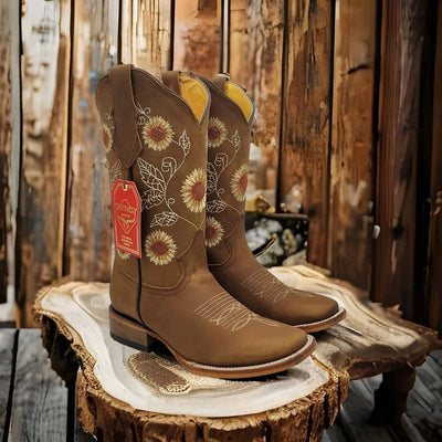Botas de Cuero con Girasoles para Mujer en Horma Rodeo 3   - from alligatorwarehouse.com