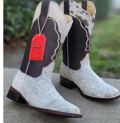 Women’s White and Brown Cowhide Leather Rodeo Boots, Western Pull On Cowboy Boots