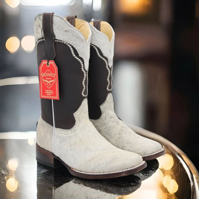 Women’s White and Brown Cowhide Leather Rodeo Boots, Western Pull On Cowboy Boots