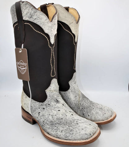 Women’s White and Brown Cowhide Leather Rodeo Boots, Western Pull On Cowboy Boots