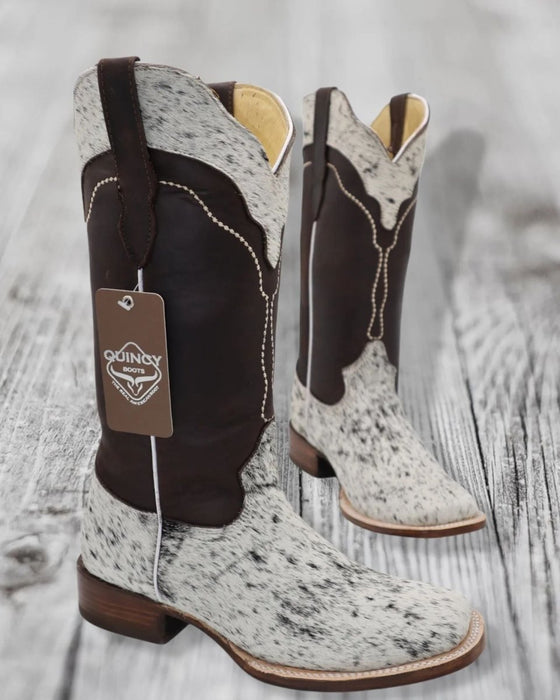 Women’s White and Brown Cowhide Leather Rodeo Boots, Western Pull On Cowboy Boots