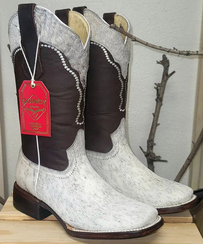 Women’s White and Brown Cowhide Leather Rodeo Boots, Western Pull On Cowboy Boots