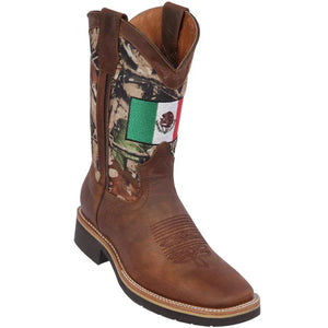 Botas de Cuero Horma Cuadrada Ancha con Bandera de Mexico