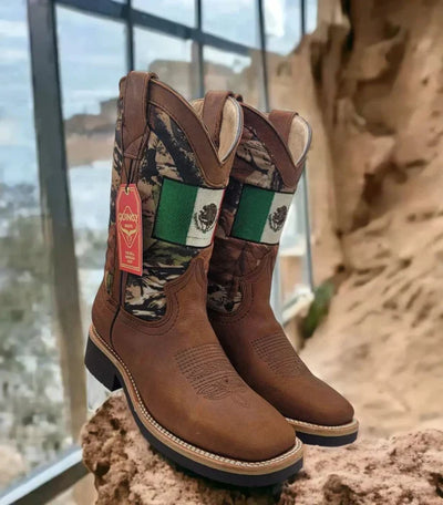 Botas de Cuero Horma Cuadrada Ancha con Bandera de Mexico 1   - from alligatorwarehouse.com