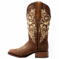 Botas de Cuero Horma Rodeo para Mujer Color Cafe con Girasoles JB-1501CAF