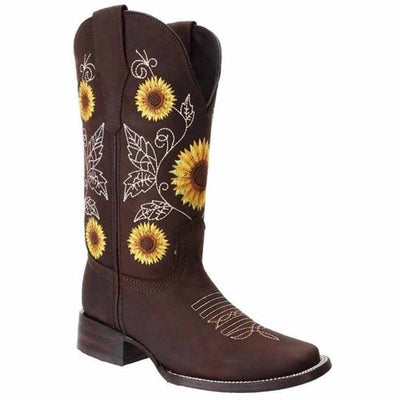 Botas de Cuero Horma Rodeo para Mujer Color Chocolate con Girasoles JB-1505CHO 1   - from alligatorwarehouse.com