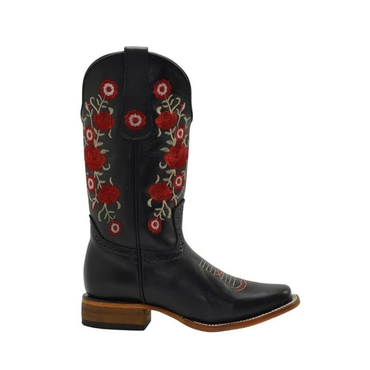 Botas de Cuero Horma Rodeo para Mujer Color Negro con Flores Rojas JB-1607