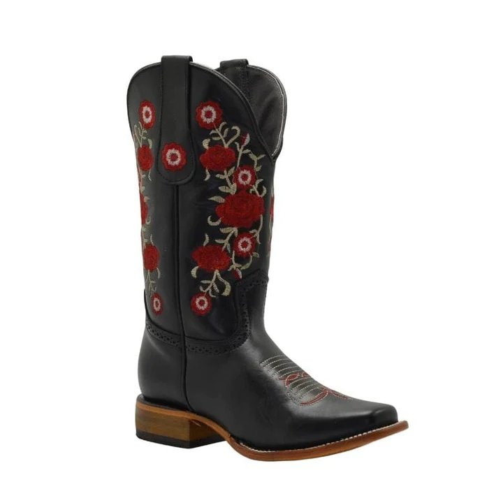 Botas de Cuero Horma Rodeo para Mujer Color Negro con Flores Rojas JB-1607
