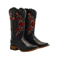 Botas de Cuero Horma Rodeo para Mujer Color Negro con Flores Rojas JB-1607