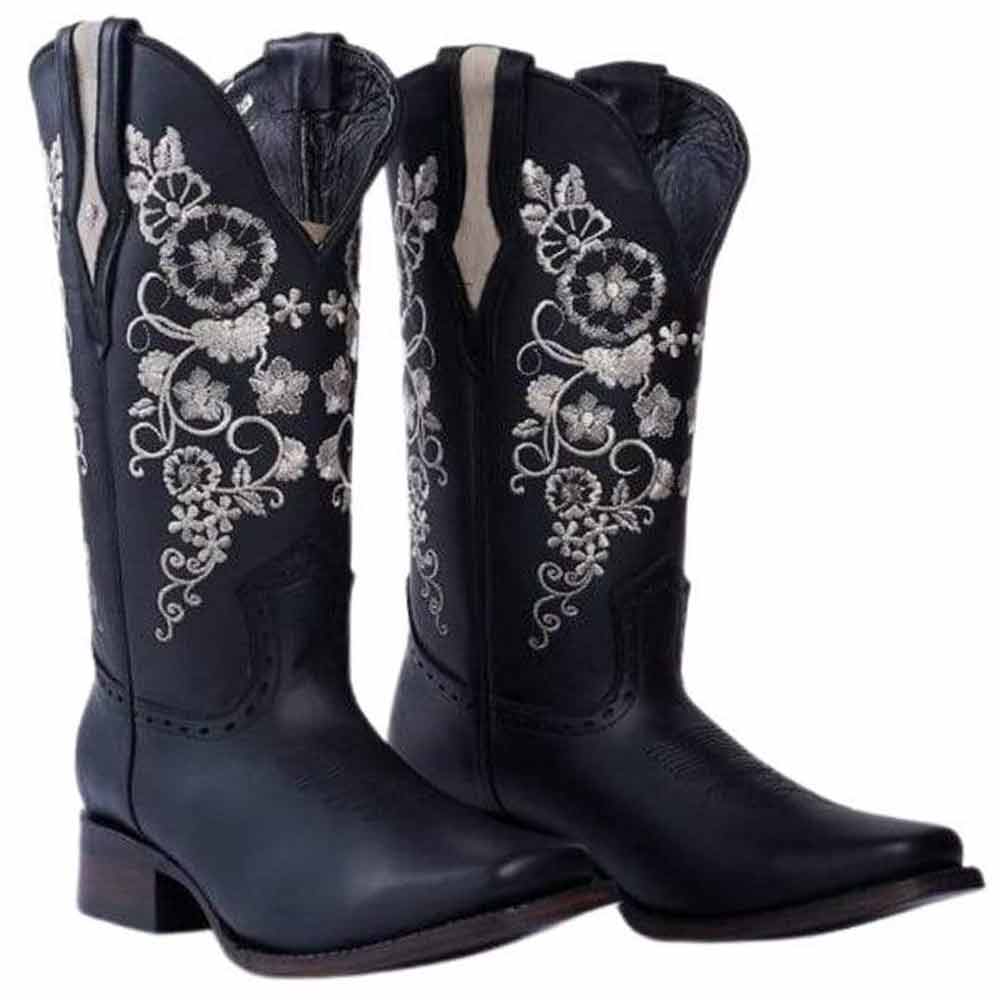 Botas de Cuero Horma Rodeo para Mujer Color Negro con Girasoles JB-1501NEG