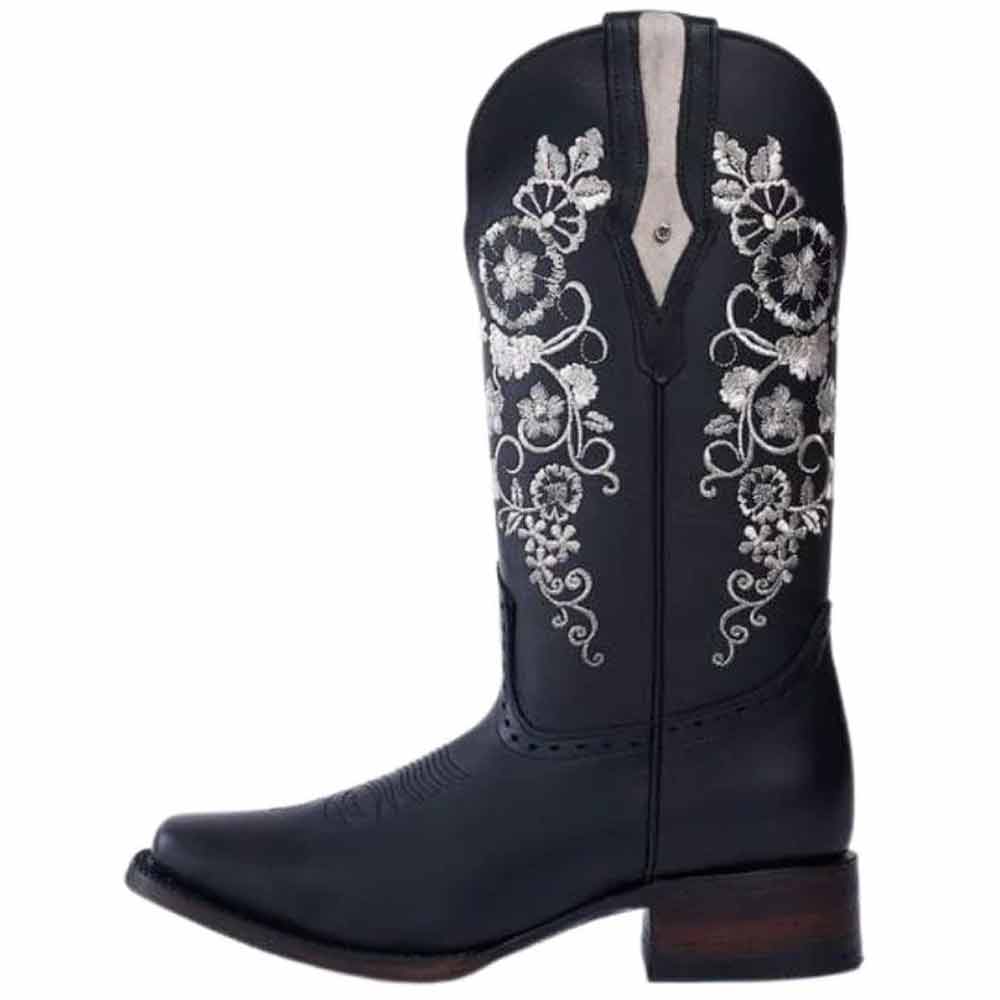 Botas de Cuero Horma Rodeo para Mujer Color Negro con Girasoles JB-1501NEG