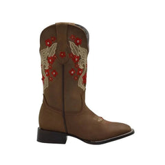 Botas de Cuero Horma Rodeo para Mujer Color Oryx con Flores Rojas JB-1606