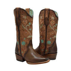 Botas de Cuero Horma Rodeo para Mujer Color Tan con Flores Piedra Swarovski JB-PAC1TAN