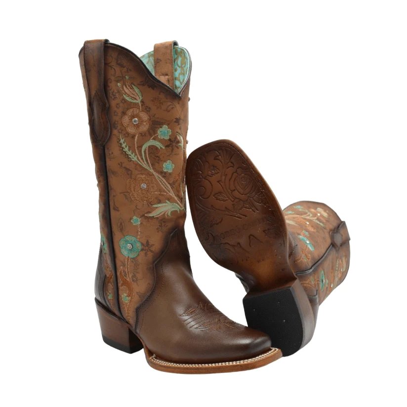 Botas de Cuero Horma Rodeo para Mujer Color Tan con Flores Piedra Swarovski JB-PAC1TAN